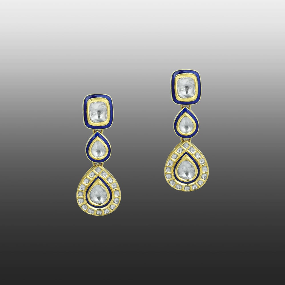 Tiered Teardrop Polki Earrings with Blue Enamel